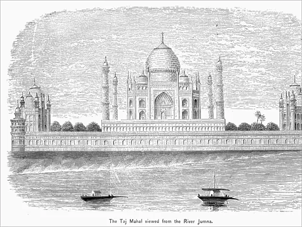INDIA: TAJ MAHAL. View of the Taj Mahal in Agra, India, from the Yamuna River. Wood engraving, 19th century