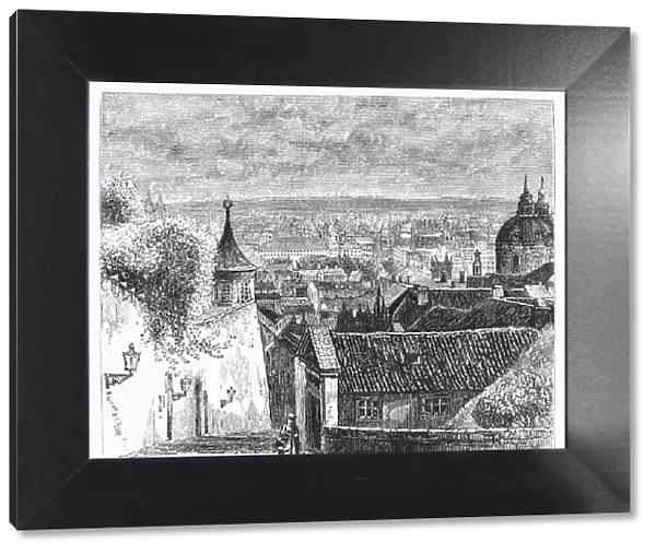 PRAGUE: CASTLE STAIRS. View of Prague from the castle stairs. Line engraving, 19th century