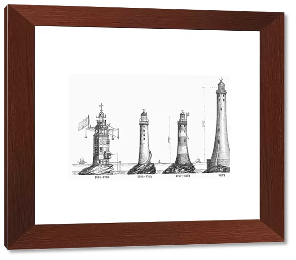 EDDYSTONE LIGHTHOUSE. The developement of the lighthouse on Eddystone Rocks in the English Channel, from the 1696 wooden structure til 1879. Wood engraving, French, 1879