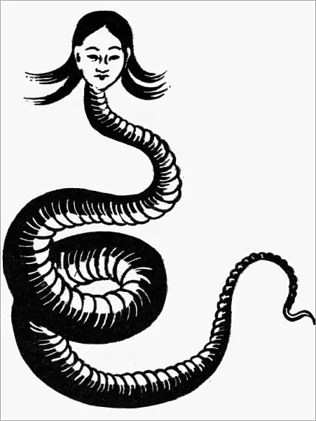 CHINESE MYTHOLOGY: NUWA. Half-serpent, half-woman deity of a Chinese creation myth. Line engraving