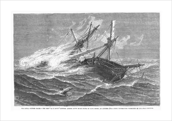 SHIPWRECK, 1878. The sailing ship A. S. Davis running ashore eight miles south of Cape Henry, Virginia, 23 October 1878. Wood engraving from a contemporary American newspaper