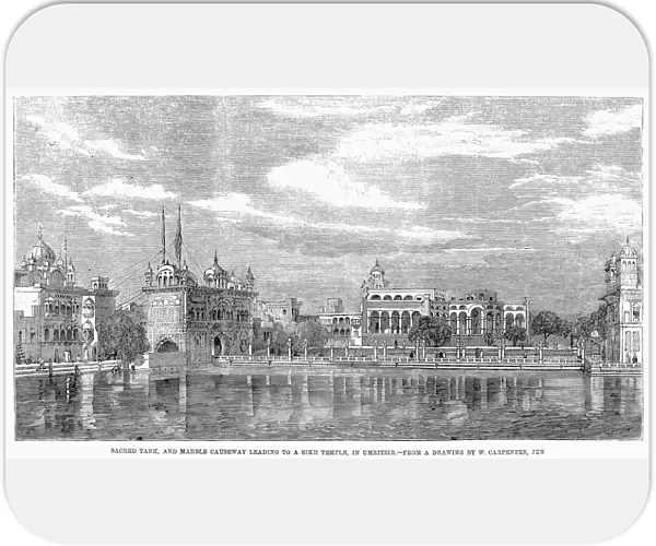 INDIA: GOLDEN TEMPLE, 1858. View of the sacred tank and marble causeway leading to the Golden Temple in Amritsar, Punjab, India. Line engraving, English, 1858