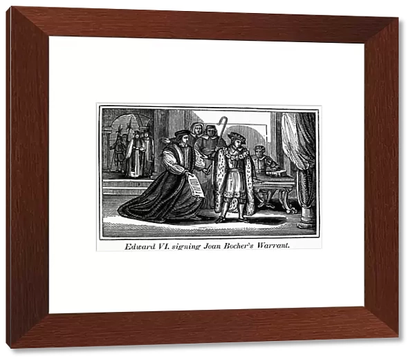 ENGLAND: MARTYR, 1550. Edward VI signing warrant for the arrest of Joan Bocher, an Anabaptist later burned at the stake for heresy at Smithfield, England, 1550. Wood engraving from an 1832 American edition of John Foxes Book of Martyrs