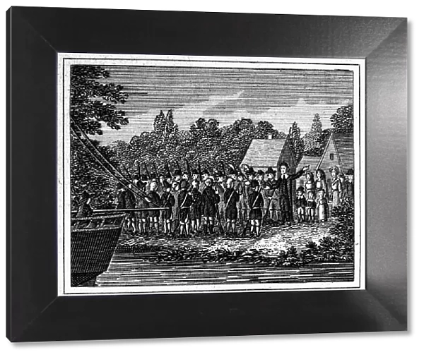 CONNECTICUT: PEQUOT WAR. Colonial and religious leader Thomas Hooker addressing the soldiers of Connecticut Colony during the Pequot War (1636-37). Line engraving, early 19th century