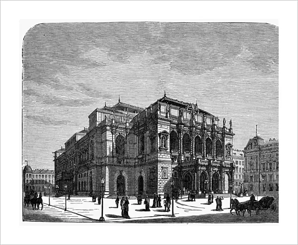BUDAPEST: OPERA HOUSE. View of the Royal Opera House (later renamed the Hungarian State Opera House) at Budapest, Hungary, constructed between 1875 and 1884. Wood engraving, American, 1881