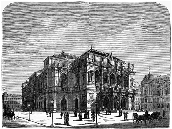 BUDAPEST: OPERA HOUSE. View of the Royal Opera House (later renamed the Hungarian State Opera House) at Budapest, Hungary, constructed between 1875 and 1884. Wood engraving, American, 1881