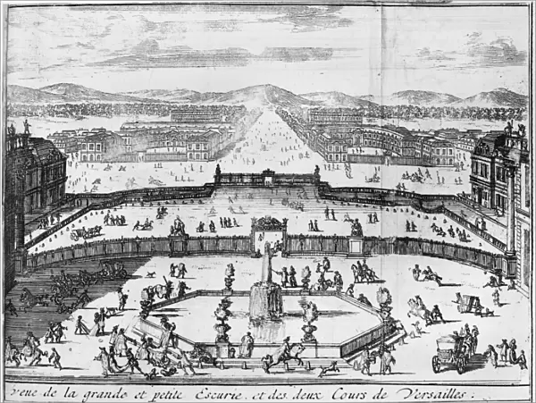 FRANCE: VERSAILLES, 1687. The avenue, two stables, gates and two courtyards seen from the Palace of Versailles, France. Line engraving from The Description of Versailles, Paris, 1687