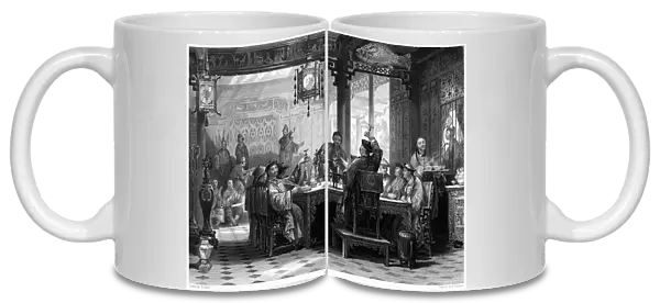 CHINA: MANDARINs HOME. Dinner party at a mandarins home in China. Steel engraving, English, 1843, after a drawing by Thomas Allom