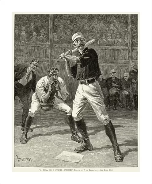 BASEBALL, 1888. A Ball or a Strike - Which? Wood engraving, American, after Thure de Thulstrup, 1888
