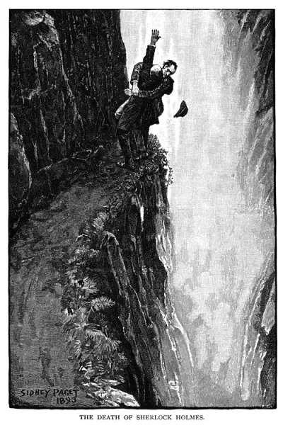 DOYLE: SHERLOCK HOLMES. Sherlock Holmes and Professor Moriarty locked in mortal combat at the Reichenbach Falls. Wood engraving after a drawing by Sidney Paget from the Strand magazine for Sir Arthur Conan Doyles The Adventure of the Final Problem, 1893