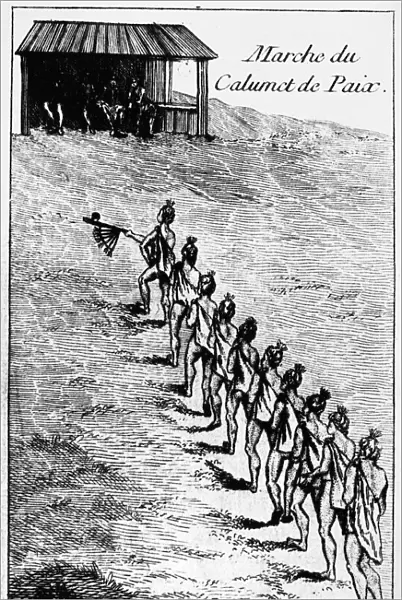 PEACE PIPE CEREMONY, 1718. Chitimacha Native Americans in Louisiana on their way to take part in the calumet ceremony upon the conclusion of peace with the French in 1718. Copper engraving, French, 1758, after a drawing by Antoine Simon Le Page du Pratz