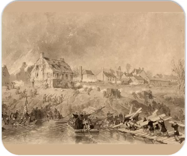 BATTLE OF FREDERICKSBURG. Union Army troops building pontoon bridges on the Rappahannock River during the Civil War Battle of Fredericksburg, Virginia, 13 December 1862. Drawing by Alonze Chappel, 1862