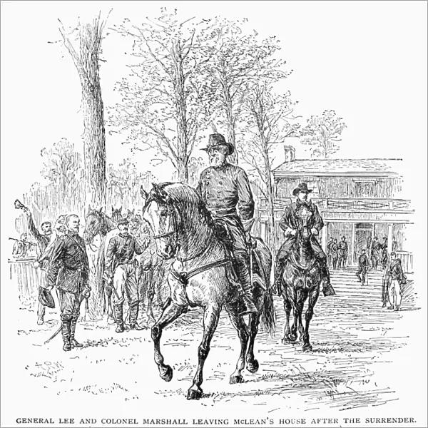 LEEs SURRENDER, 1865. General Robert E. Lee leaving the McLean House after the Confederate surrender at Appomattox, Virginia, 9 April 1865. Engraving after a contemporary drawing by A. R. Waud
