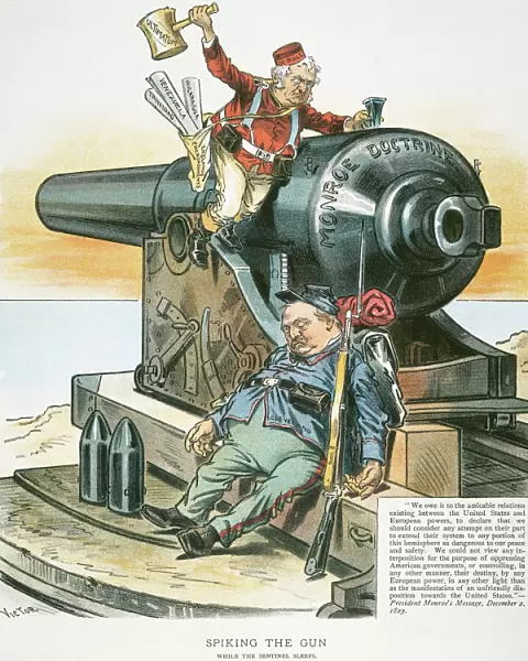 An 1895 American cartoon by F. Victor Gillam suggesting that the Cleveland administration was inattentive to British encroachment during the Venezuelan Boundary Dispute