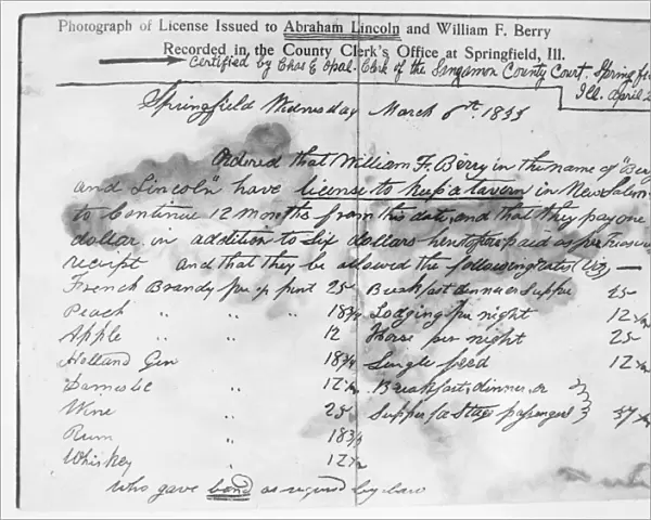 Photograph of a tavern license granted to Abraham Lincoln and William F. Berry at Springfield, Illinois, 6 March 1835