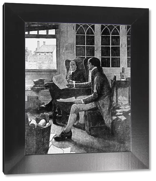 Thomas Jefferson reading his rough draft of the Declaration of Independence to Benjamin Franklin, 1776. Painting by Clyde O. DeLand