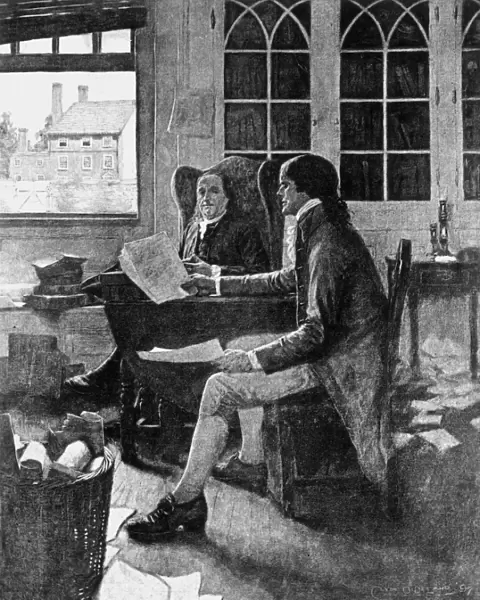 Thomas Jefferson reading his rough draft of the Declaration of Independence to Benjamin Franklin, 1776. Painting by Clyde O. DeLand