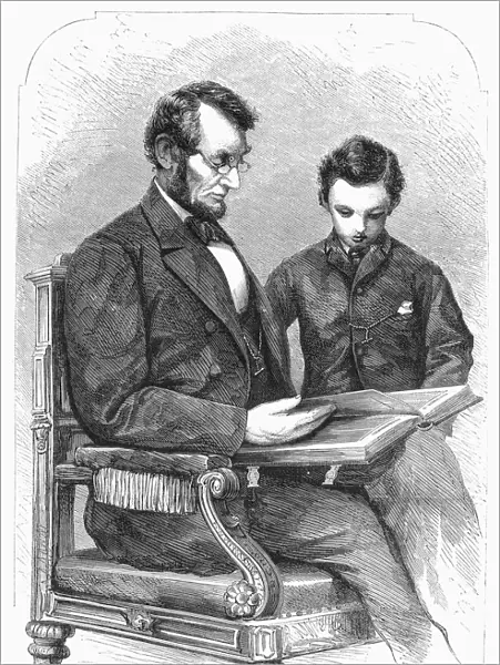 (1809-1865). 16th President of the United States. Lincoln at home with his son Thomas Todd (Tad). Wood engraving, after a photograph of 9 February, 1864
