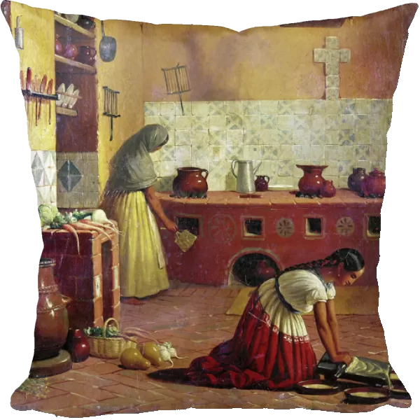 Two women at work in a Mexican kitchen. Painting by an unknown artist, c1850