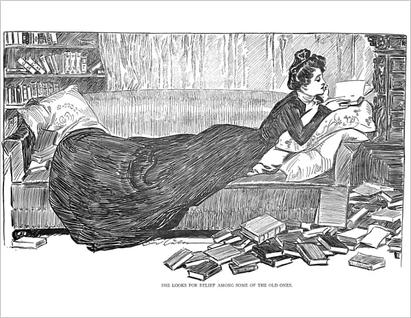 Charles Dana Gibson (1867-1944). American illustrator. She looks for relief among some of the old ones. Pen and ink drawing, 1900