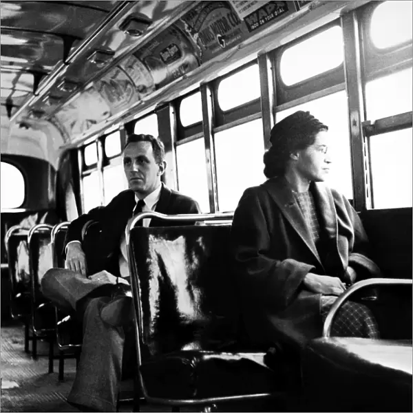 American civil rights advocate. Parks sits at the front of a public bus (formerly whites only ) in Montgomery, Alabama, 21 December 1956. Seated behind her is reporter Nicholas C. Criss