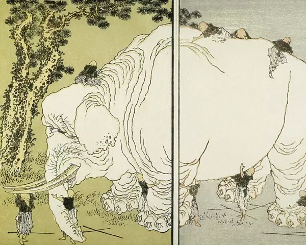 The Blind Men and the Elephant. Japanese woodblock print from the Manga of Katsushika Hokusai, 1817