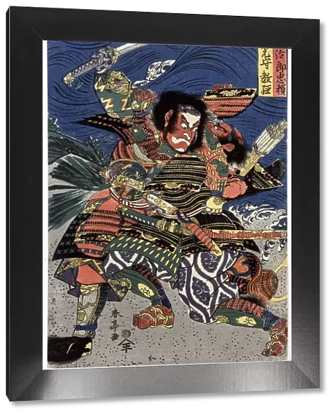 Ichijo Jiro Tadanori and Notonokami Noritsune, two Japanese samurai warriors battling each other. Woodblock print by Shuntei Katsukawa, c1820