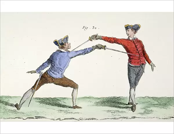 A thrust in epee or foil fencing. Copper engraving, French, mid-18th century