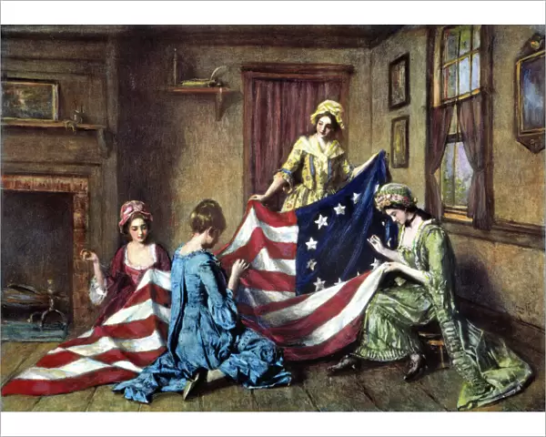 Betsy Ross sewing the first American flag. Painting by Henry Mosler (1841-1920)