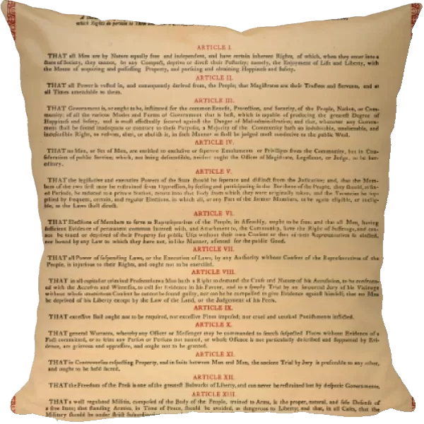 The Declaration of Rights to the Virginia Constitution, written by George Mason and adopted by the Virginia House of Delegates at Williamsburg, 12 June 1776
