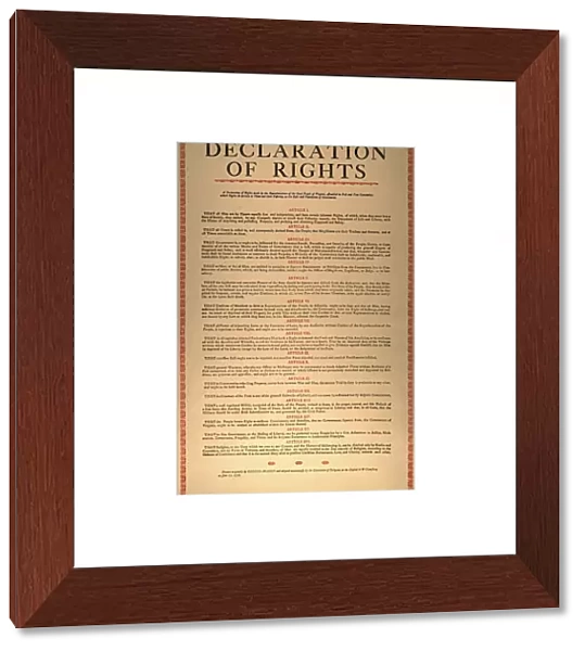 The Declaration of Rights to the Virginia Constitution, written by George Mason and adopted by the Virginia House of Delegates at Williamsburg, 12 June 1776