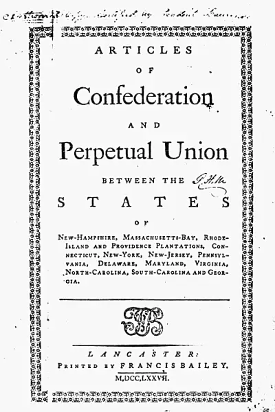 Title page of the first printed copy of the Articles of Confederation, 1777