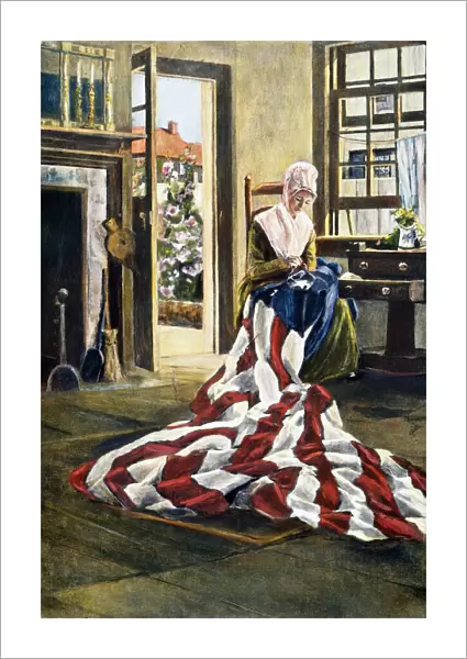 American seamstress and patriot. Betsy Ross making the first American flag. Drawing by Elisabeth Moore Hallowell