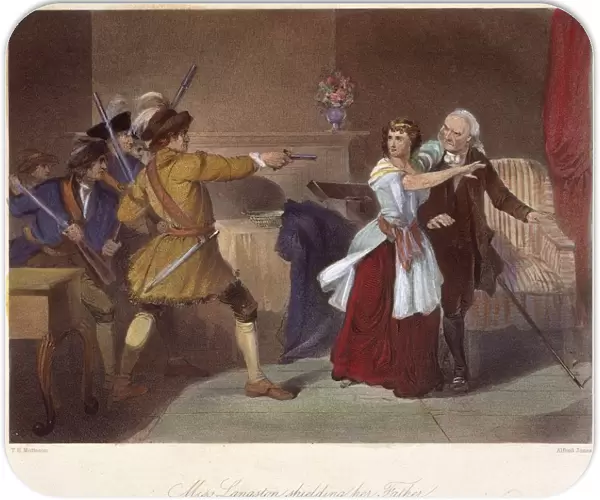 Laodicea Dicey Langston of South Carolina protecting her elderly father, a known supporter of the revolutionary cause, against Loyalist troops during the American Revolution. Mezzotint, 19th century, after a painting by Tompkins Harrison Matteson