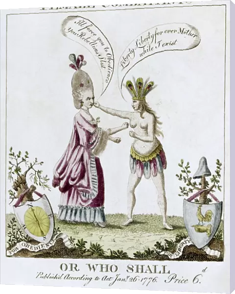 REVOLUTIONARY WAR CARTOON. The Female Combatants - or Who Shall. English cartoon, 1776, on the war between America and England