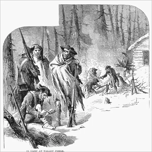 Continental Army soldiers encamped at Valley Forge, Pennsylvania, during the winter of 1777-78. Line engraving, 19th century