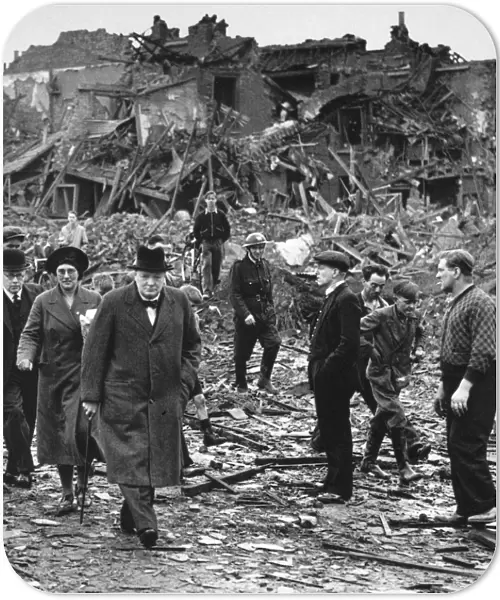 (1874-1965). Sir Winston Leonard Spencer Churchill. English statesman and writer. Prime Minister Churchill inspecting bomb damage in the Battersea area of London, England, the morning after a German air raid, 1940