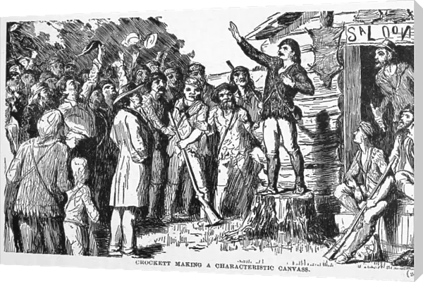 American frontiersman. Congressional candidate Crockett making a stump speech in Tennessee. Line drawing, 19th century