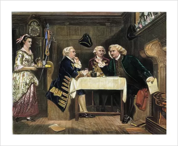 Oliver Goldsmith, James Boswell, and Samuel Johnson at the Mitre Tavern in London. Color engraving, 19th century