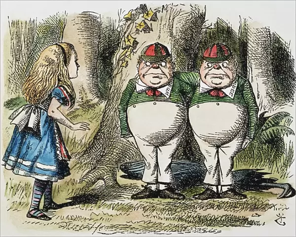 Alice meets Tweedledum and Tweedledee. Wood engraving after Sir John Tenniel for the first edition of Lewis Carrolls Through the Looking Glass, 1872