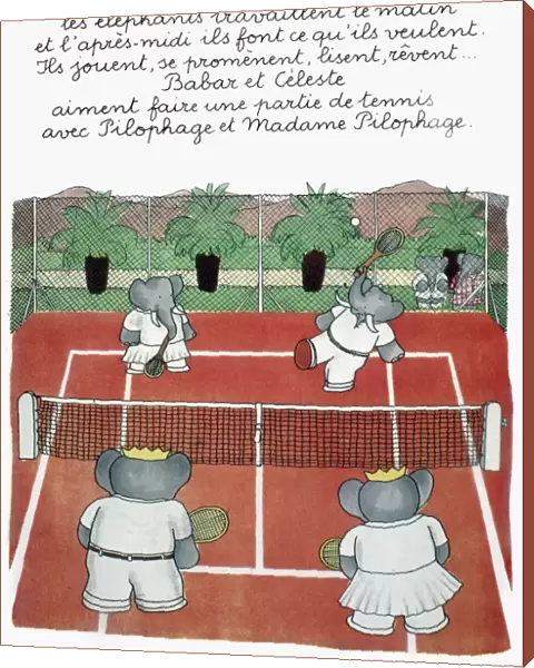 Babar, king of the elephants, and Celeste playing tennis at Celesteville. Illustration from one of Jean de Brunhoffs Babar books, 1930s
