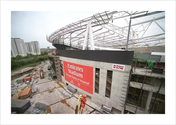 The New Arsenal Stadium photographed from a cradle suspended from a Tower Crane on the South of the