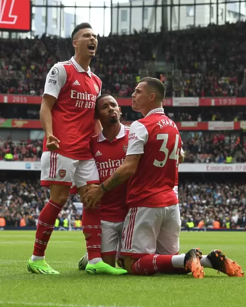 Arsenal's Gabriel Jesus, Martinelli, and Xhaka Celebrate Goals Against Tottenham in 2022-23 Premier League