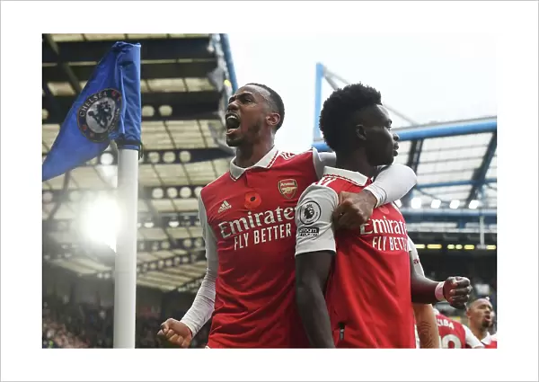 Arsenal's Gabriel and Saka: Celebrating a Thrilling Goal Against Chelsea in the 2022-23 Premier League