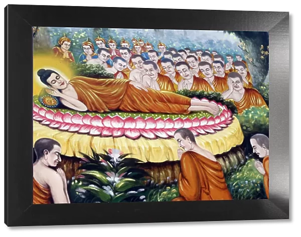 Reclining Buddha painting. After 45 years of teaching the Dharma, the Buddha passed into Parinirvana. The Life of the Buddha, Siddhartha Gautama. Chau Doc. Vietnam
