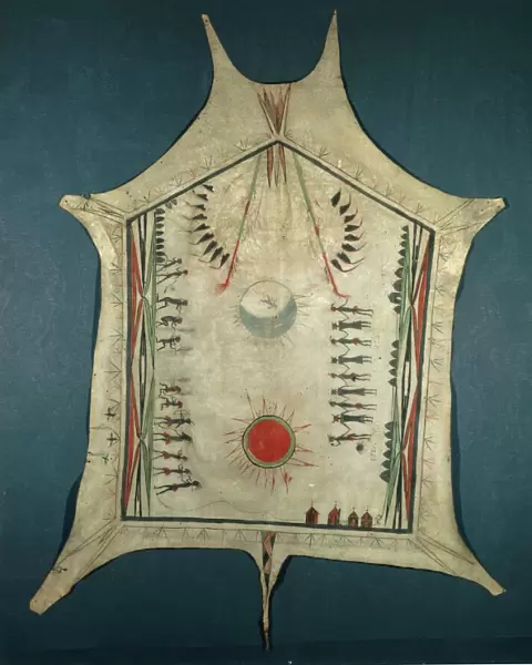 Map of Indian territories, depicting three villages of Quapaw tribe, painted buffalo skins, 18th Century