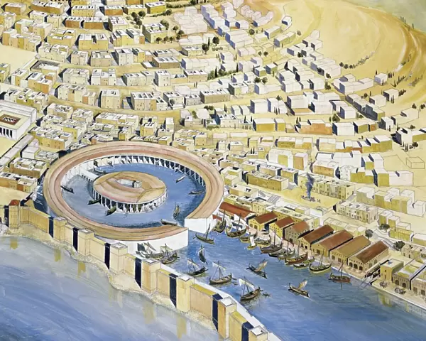 Punic civilization. Reconstruction of Byrsa Hill, with the Punic city and Hannibals circular harbor, late 4th-2nd century b. c. Fresco by architect J. M. Gassend. Detail, harbor and surrounding houses