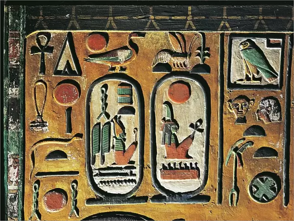 Goddess Hathor offers her necklace to the Pharaoh. Painted relief from a pillar of the tomb of Seth I at Thebes, detail, Seths cartouche