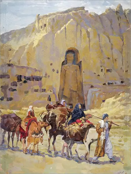 Afghan nomad family in front of one of two Buddhas of Bamiyan, 1950, Painting