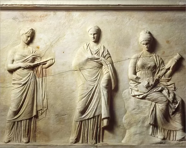Greek civilization, Marble slab with relief attributed to School of Praxiteles, depicting Muses, from Mantinea, Greece